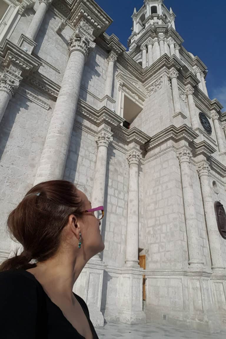 Author looking up at Arequipa Cathedral
