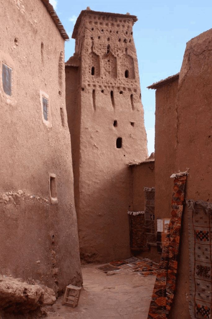 A small building with a tower in the middle in Ait-Ben-Haddou village in Morocco